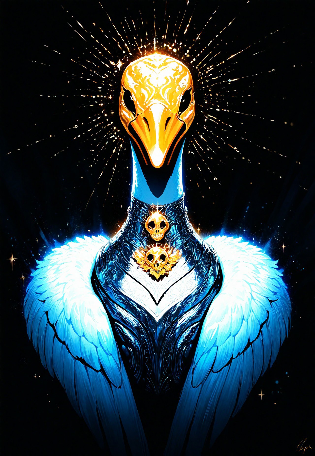masterpiece, best quality, good quality, very aesthetic, absurdres, newest, goose_focus, solo, black_eyes, Silver_Scale_Armor, sparkle, no_humans, neon, flower, goose, plant, abstract background, feathers, golden skull choker, looking_at_viewer, ink drawing