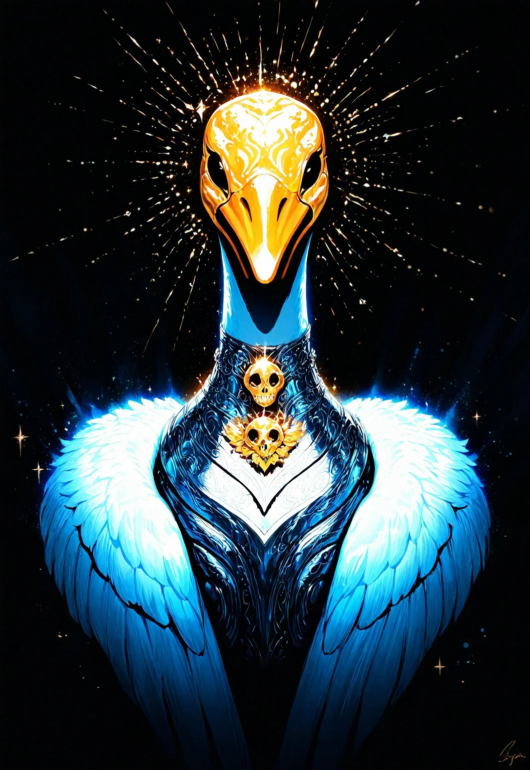 masterpiece, best quality, good quality, very aesthetic, absurdres, newest, goose_focus, solo, black_eyes, Silver_Scale_Armor, sparkle, no_humans, neon, flower, goose, plant, abstract background, feathers, golden skull choker, looking_at_viewer, ink drawing