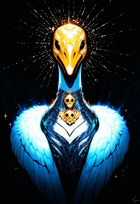 masterpiece, best quality, good quality, very aesthetic, absurdres, newest, goose_focus, solo, black_eyes, Silver_Scale_Armor, sparkle, no_humans, neon, flower, goose, plant, abstract background, feathers, golden skull choker, looking_at_viewer, ink drawing