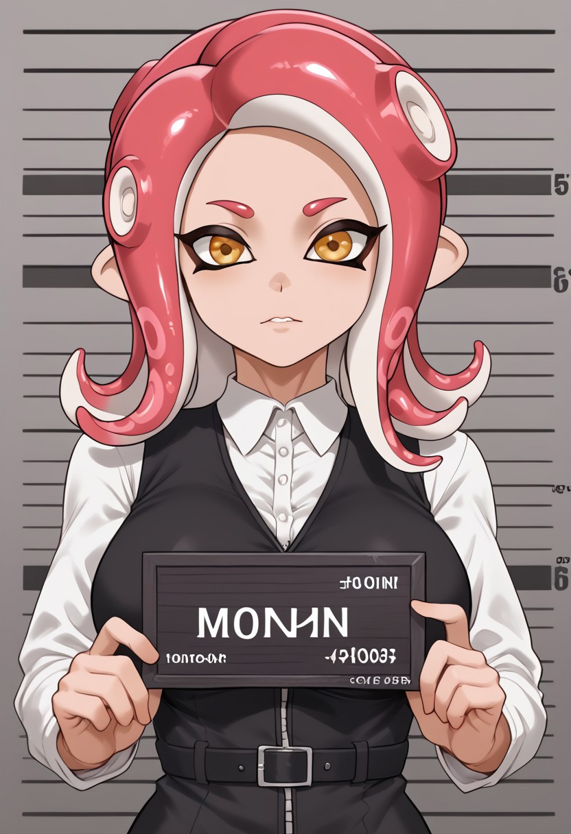 <lora:barbie-mugshot-ponyxl-lora-nochekaiser:1> barbie mugshot, barbie mugshot (meme) height mark, holding sign, nameplate, height chart, sign, meme, 1girl, agent 8, splatoon, octoling, look the camera, tentecle hair, black leather vest, little worry face, closed mouth, parted lips, holding sign, big boobs, big breasts, thick body, nothing text in the card, agent 8 hair style, pink hair, great attributes, thick body, csr style, tentacle hair, adult, gigant boobs, octoling girl, worry face, venus body,