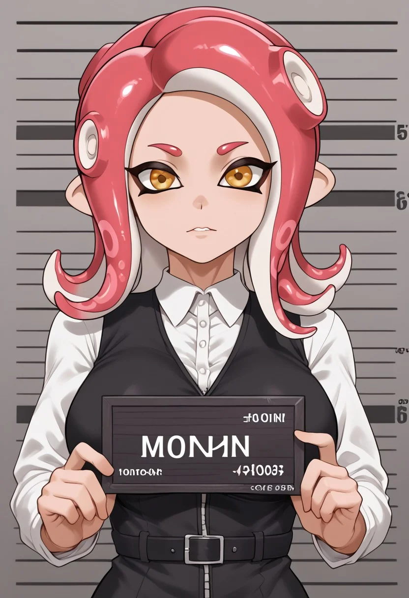 <lora:barbie-mugshot-ponyxl-lora-nochekaiser:1> barbie mugshot, barbie mugshot (meme) height mark, holding sign, nameplate, height chart, sign, meme, 1girl, agent 8, splatoon, octoling, look the camera, tentecle hair, black leather vest, little worry face, closed mouth, parted lips, holding sign, big boobs, big breasts, thick body, nothing text in the card, agent 8 hair style, pink hair, great attributes, thick body, csr style, tentacle hair, adult, gigant boobs, octoling girl, worry face, venus body,