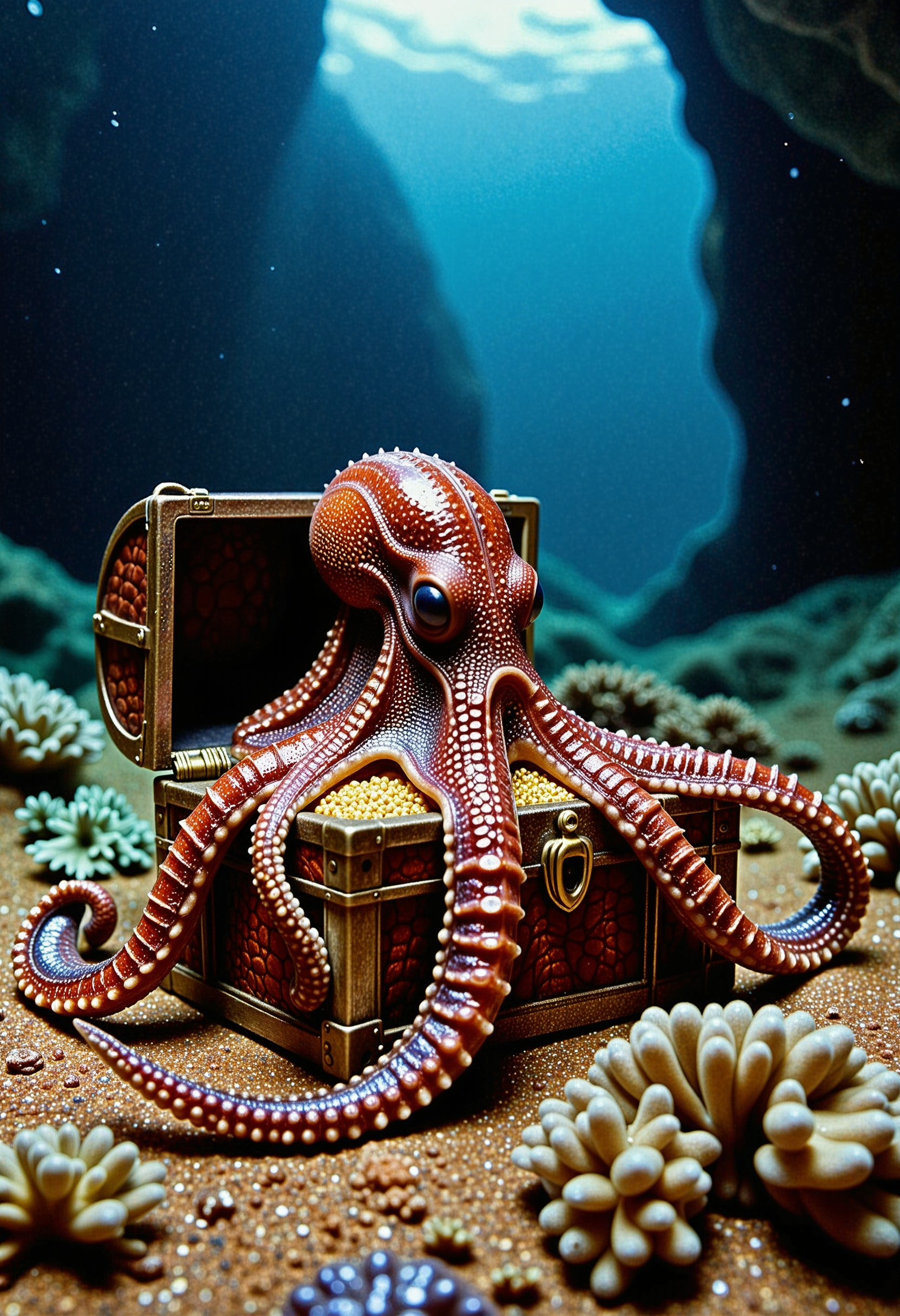 A nature photograph of an octopus made of reptile skin, rptlsknCE style, wrapped around a treasure chest full of gold in an underwater cave. <lora:Hyper-FLUX.1-dev-16steps-lora:0.15> <lora:Challenge_Winnifier_ENTERPRISE_EDITION_epoch_5:0> <lora:ReptileSkin01_CE_FLUX_AIT:1>