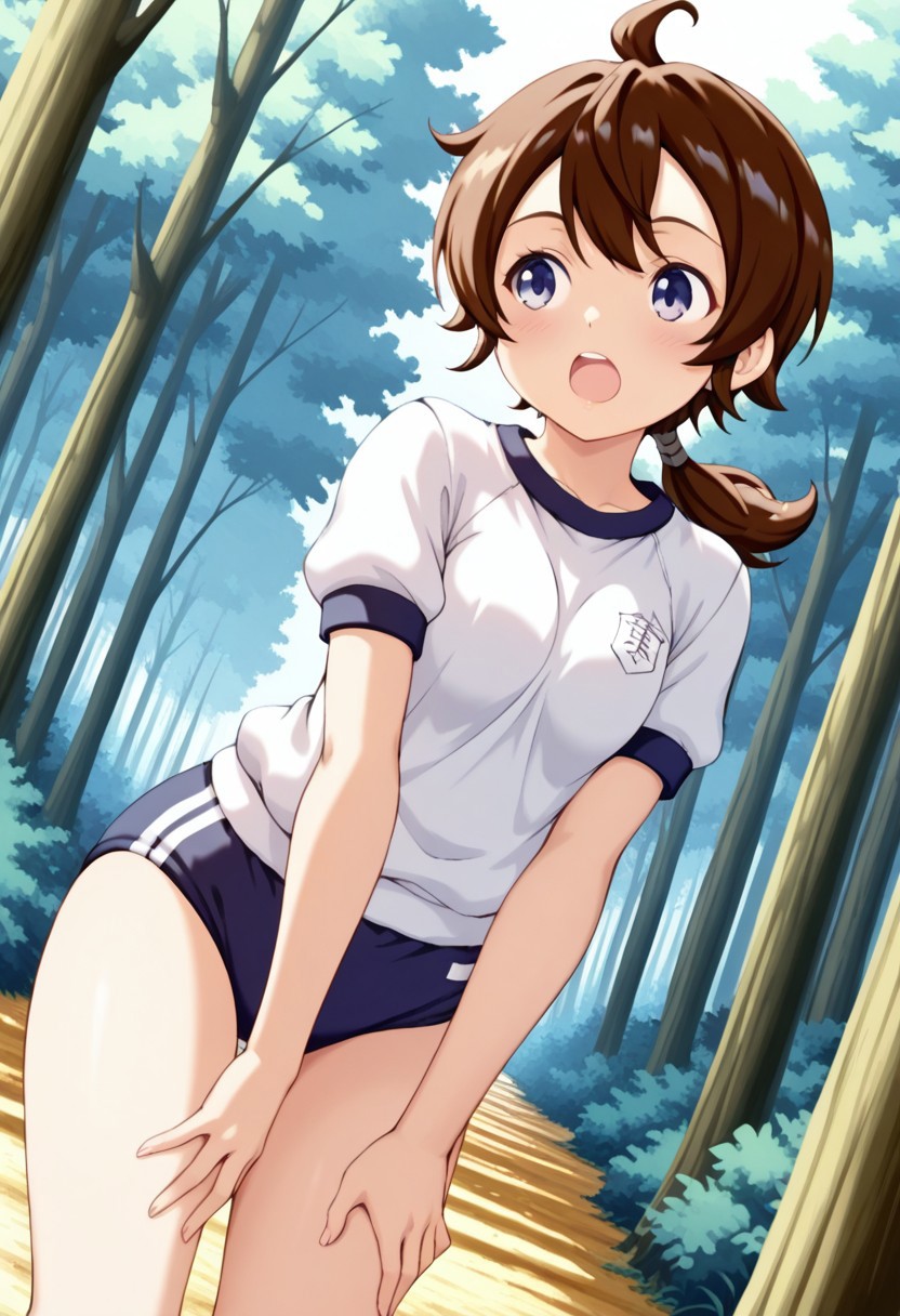 masterpiece,perfect hands,anime_coloring,anime_clothing,best quality,Tokia_DMO, 1girl, gym uniform,buruma,solo, brown hair, ponytail,forest, dynamic angle,open mouth,cheek,