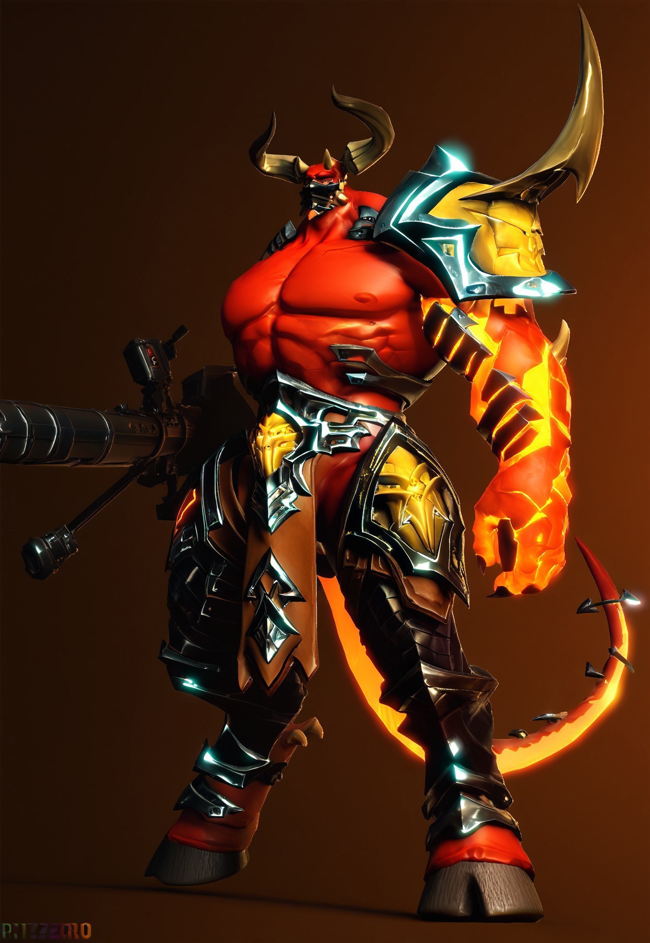 score_9, score_8_up, score_7_up, 1boy, r@um, demon, red skin, horns, glow yellow sclera, mask, muscular, goat legs, tail, pauldron, loincloth, legs armor, standing, holding minigun, 3d,