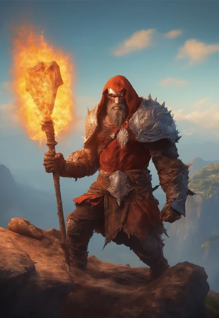 Score_9, score_8, score_8_and_up,
A giant wielding a flaming axe, edge of a rocky cliff, action, fantasy world, perfect background, highest quality