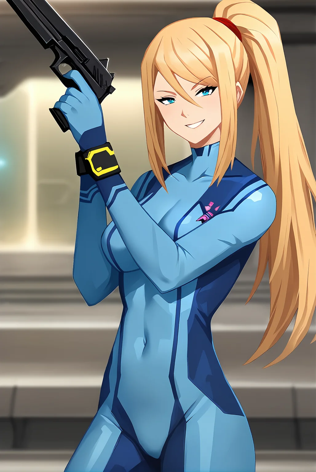 score_9,
<lora:library_of_ruina_v1_pruned:1>,
1girl, solo, samus aran, zero suit, cowboy shot, looking at viewer, smile, blue bodysuit, holding handgun,
indoors,
science fiction, futuristic,
high resolution, Masterpiece, detailed,
uncensored, rating_explicit,