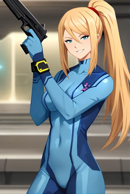 score_9,
<lora:library_of_ruina_v1_pruned:1>,
1girl, solo, samus aran, zero suit, cowboy shot, looking at viewer, smile, blue bodysuit, holding handgun,
indoors,
science fiction, futuristic,
high resolution, Masterpiece, detailed,
uncensored, rating_explicit,