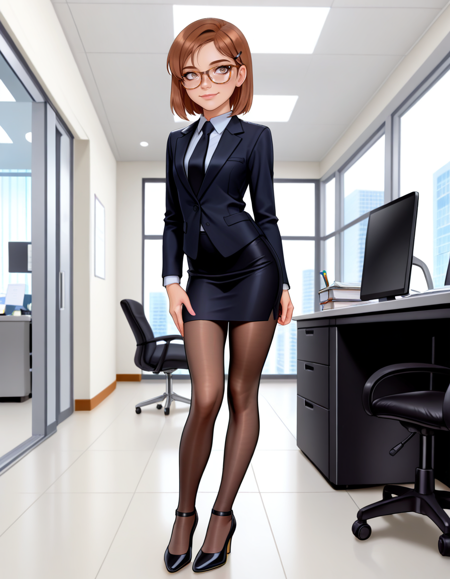 masterpiece, best quality, very aesthetic, absurdres,
indoors, office, 
full body, long eyelashes, light smile,
<lora:Megan_v01_NAIXL-000012:1>,
M364n,1girl,brown hair,short hair,hairclip,glasses,brown eyes, freckles, office lady,necktie,suit,pencil skirt,brown pantyhose,high heels,