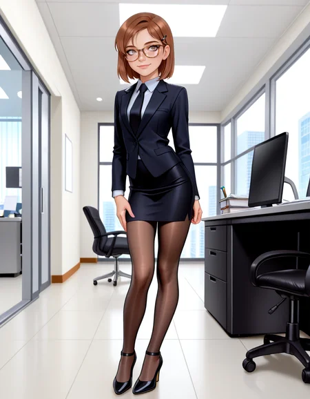 masterpiece, best quality, very aesthetic, absurdres,
indoors, office,
full body, long eyelashes, light smile,
<lora:Megan_v01_NAIXL-000012:1>,
M364n,1girl,brown hair,short hair,hairclip,glasses,brown eyes, freckles, office lady,necktie,suit,pencil skirt,brown pantyhose,high heels,