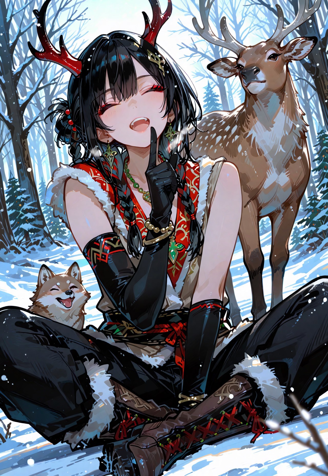 anime, best quality, expressive, dynamic pose, dynamic angle, volumetric lighting, cinematic lighting, absurdres, masterpiece, amazing quality, best quality, ultra-detailed, 8K, illustration,
BREAK 
,
1girl, black hair, brown eyes, long eyelashes, black eyelashes, light skin, small chest, perfect face, detailed body, cute, small, hair between the eyes, two-color hair, colored_inner_hair, gray inner hair, long hair, wolf cut,
BREAK 
,
very aesthetic, absurdres, newest, open mouth,  hair ornament, gloves, jewelry, sitting, closed eyes, braid, outdoors, earrings, boots, horns, teeth, one eye closed, black gloves, pants, day, elbow gloves, necklace, hair bun, blurry, bracelet, tree, fur trim, upper teeth only, black pants, animal, pointing, nature, index finger raised, snow, forest, beads, blurry foreground, snowing, antlers, indian style, on ground, single bare shoulder, winter, bare tree, single sleeve, multiple braids, deer, reindeer