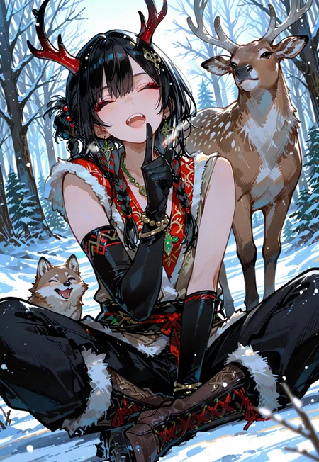 anime, best quality, expressive, dynamic pose, dynamic angle, volumetric lighting, cinematic lighting, absurdres, masterpiece, amazing quality, best quality, ultra-detailed, 8K, illustration,
BREAK 
,
1girl, black hair, brown eyes, long eyelashes, black eyelashes, light skin, small chest, perfect face, detailed body, cute, small, hair between the eyes, two-color hair, colored_inner_hair, gray inner hair, long hair, wolf cut,
BREAK 
,
very aesthetic, absurdres, newest, open mouth,  hair ornament, gloves, jewelry, sitting, closed eyes, braid, outdoors, earrings, boots, horns, teeth, one eye closed, black gloves, pants, day, elbow gloves, necklace, hair bun, blurry, bracelet, tree, fur trim, upper teeth only, black pants, animal, pointing, nature, index finger raised, snow, forest, beads, blurry foreground, snowing, antlers, indian style, on ground, single bare shoulder, winter, bare tree, single sleeve, multiple braids, deer, reindeer