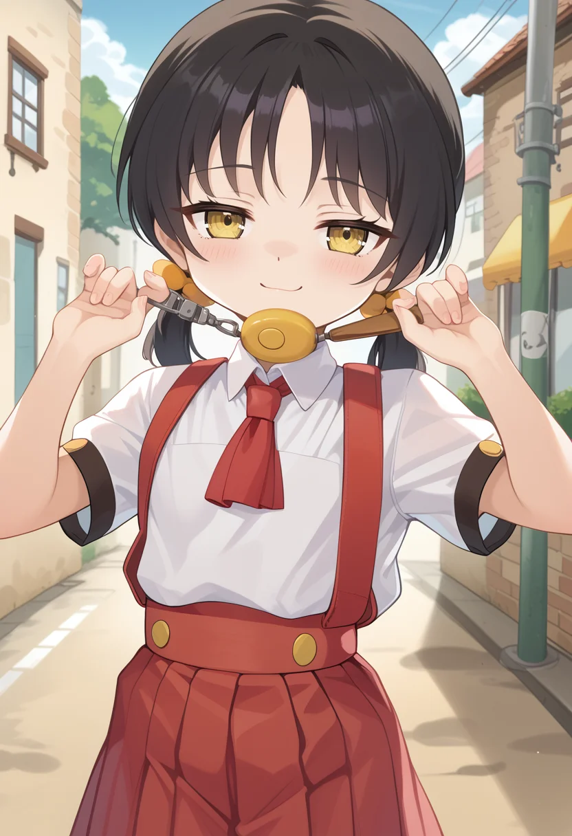 zPDXL2,solo, source_anime,
1girl, kaaiyuki-default, kaai yuki,yellow eyes, black hair,short low twintails, pinafore dress,pleated skirt,red skirt
smug, smirk
holding, looking at viewer, hands up,
outdoors, blue sky
<lora:kaai yuki_kyoufuu all back_PONY_last:1>
<lora:crimepreventionbuzzer_Pony_v1:0.8> ,crime prevention buzzer
