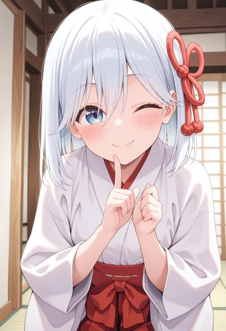 masterpiece,best quality,amazing quality, amagami asahi, blue-white hair, blue eyes, 1girl, one eye closed, solo, japanese clothes, miko, smile, blush, looking at viewer, skirt, index finger raised, indoors, white kimono, kimono