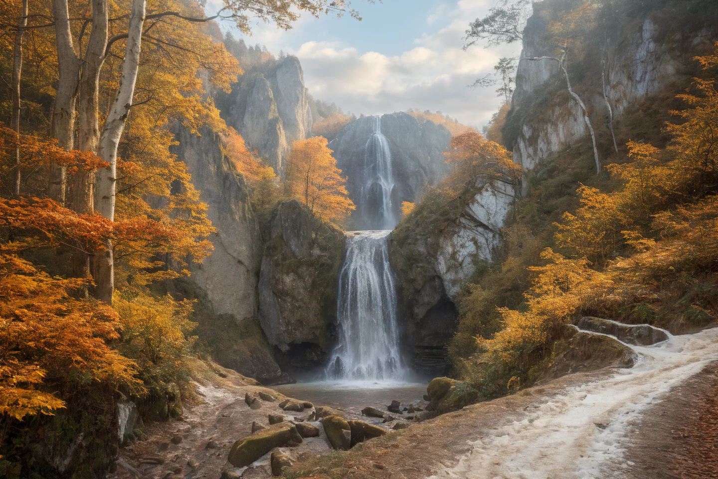 Hyperrealistic art professional photo, autumn winter, scenery, path through cliffs up to hill to rock window, waterfall, forest, (dramatic sky, journal cover shot, natural colors, correct white balance, color correction, dehaze,clarity), . Extremely high-resolution details, photographic, realism pushed to extreme, fine texture, incredibly lifelike <lora:When_autumn_meets_winter_XL:1>