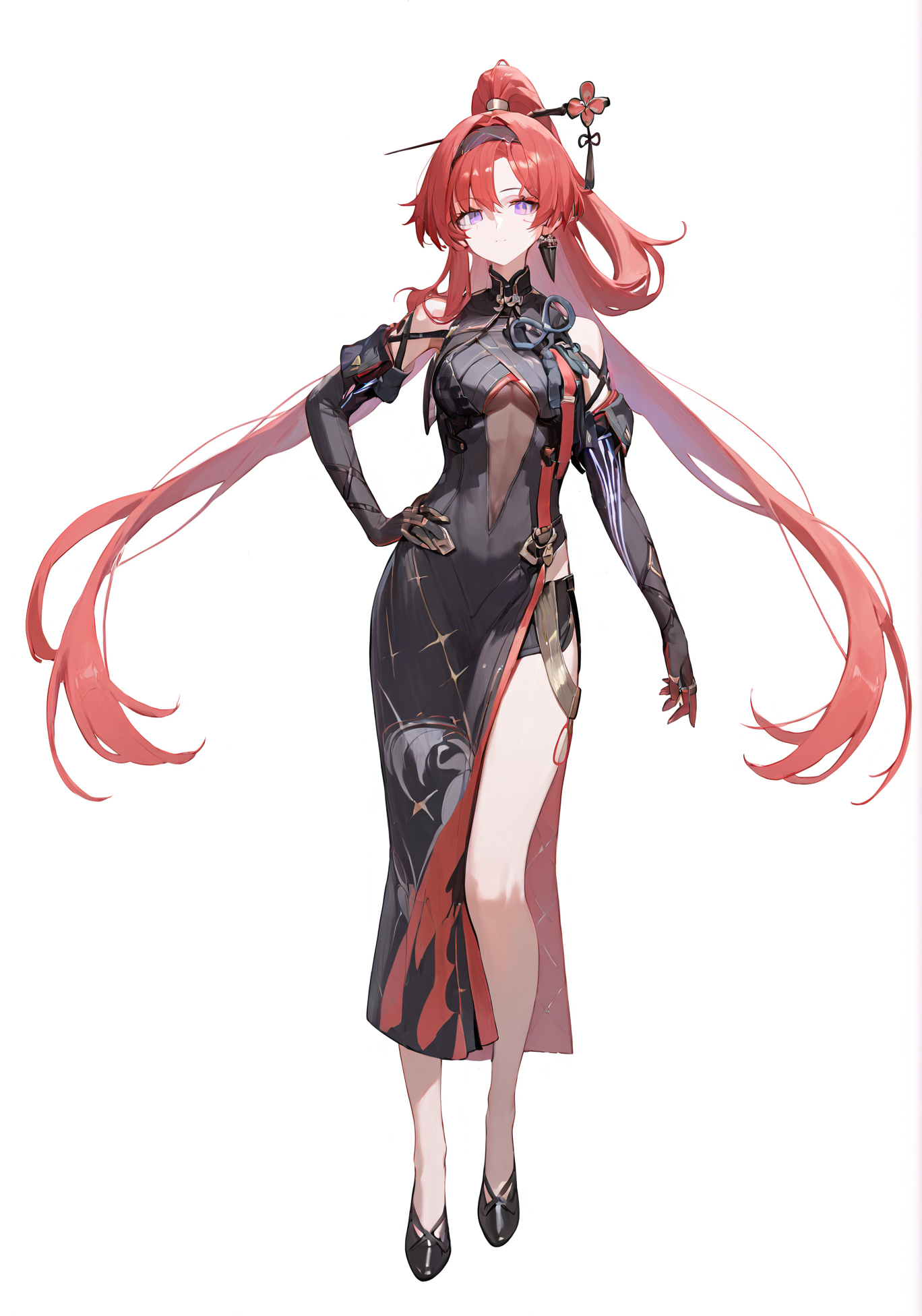 score_9, score_8_up, score_7_up, score_6_up, 8k, 
8k, best quality, masterpiece, (ultra-detailed:1.1), (high detailed skin), 
(full body), ( simple background,white background:1.3), standing, looking at viewer, (solo), hand on hip, 
<lora:oyinlin-pony-Tanger-000014:0.8>, yinlin, def clothes, 1girl, red hair, purple eyes, dress, hair stick, breasts, gloves, 
(beautiful_face), ((intricate_detail)), clear face, 
((finely_detailed)), fine_fabric_emphasis, 
((glossy)), full_shot,