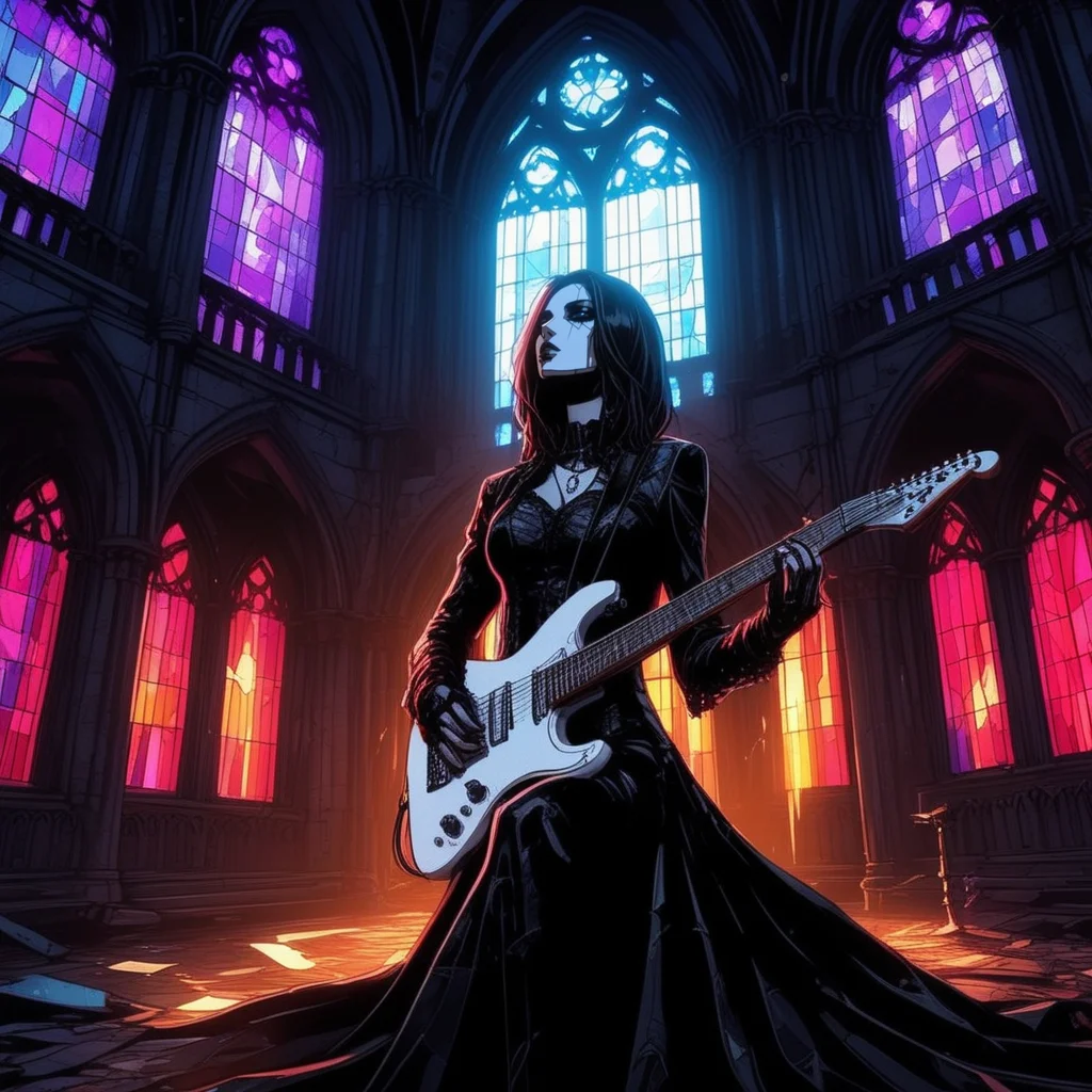 Gothic style  <lora:Gothicanimegirls:1>A dark fantasy woman playing an electric guitar on a makeshift stage inside an abandoned cathedral. Stained glass windows are shattered, casting fragmented beams of light onto her sleek, metallic outfit. The camera is positioned at a wide angle to capture both the decaying grandeur of the cathedral and her intense performance. Ultra detailed textures and colores, highly vibrant image. . Dark, mysterious, haunting, dramatic, ornate, detailed