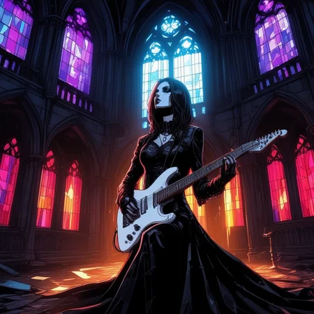 Gothic style <lora:Gothicanimegirls:1>A dark fantasy woman playing an electric guitar on a makeshift stage inside an abandoned cathedral. Stained glass windows are shattered, casting fragmented beams of light onto her sleek, metallic outfit. The camera is positioned at a wide angle to capture both the decaying grandeur of the cathedral and her intense performance. Ultra detailed textures and colores, highly vibrant image. . Dark, mysterious, haunting, dramatic, ornate, detailed