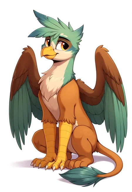 score_9, score_8_up, score_7_up, score_6_up, griffon, full body, pose 3/4, original character, Wenge body color by code ((5D5B54)), Dollar Bill Green feather bangs color by code ((87BA59)), eye color Persian Orange ((D08E51)), griffon, my little pony, male, tail with a dawn colored tassel ((A4A097)), the wings are folded behind the back, solo, white background, sits, Looking straight ahead