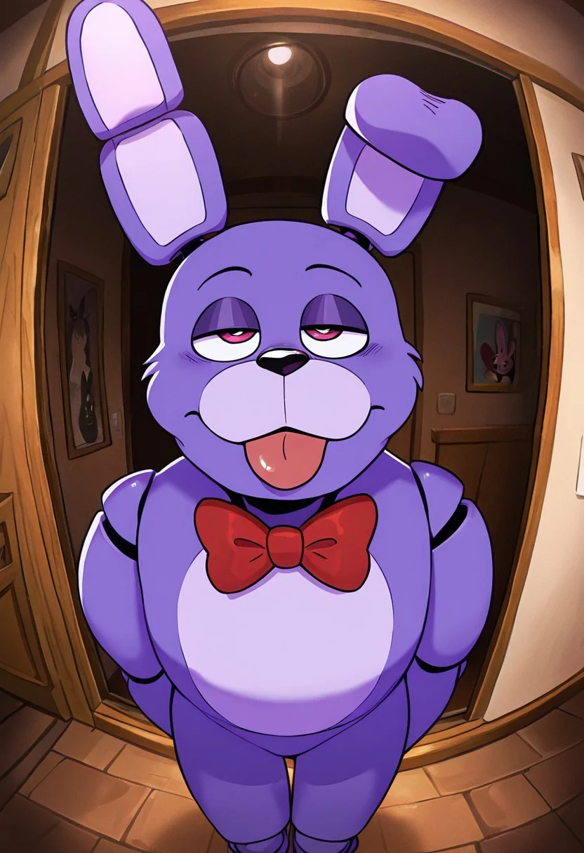 masterpiece, best quality, amazing quality, very aesthetic, absurdres, newest, detailed background,
cartoon, screencap,
bonnie, rabbit ears, red bowtie,, 1boy, joints, animatronic
half closed eyes, :3, tongue out, leaning forward, fisheye, fisheye lens, vignette