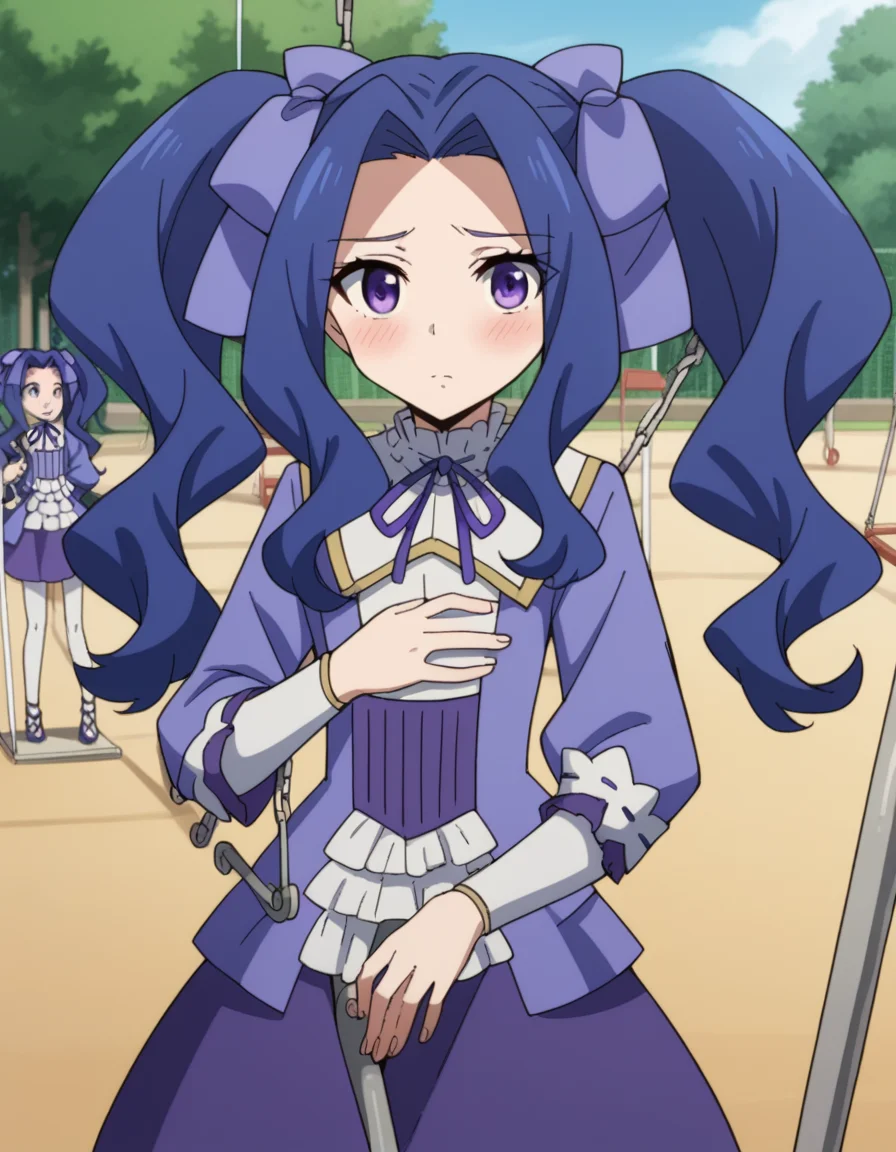 score_9, score_8_up, score_7_up, source_anime, <lora:melty-q-melromarc-s1-ponyxl-lora-nochekaiser:1>, melty q melromarc, long hair, ribbon, twintails, blue hair, purple eyes, hair ribbon, purple ribbon, parted bangs,, long sleeves, dress, frills, ribbon trim, purple dress,, public park, playground, swing set, laughter, sunny day, , hand on stomach, blush,, looking at viewer, solo,, dutch angle, cowboy shot