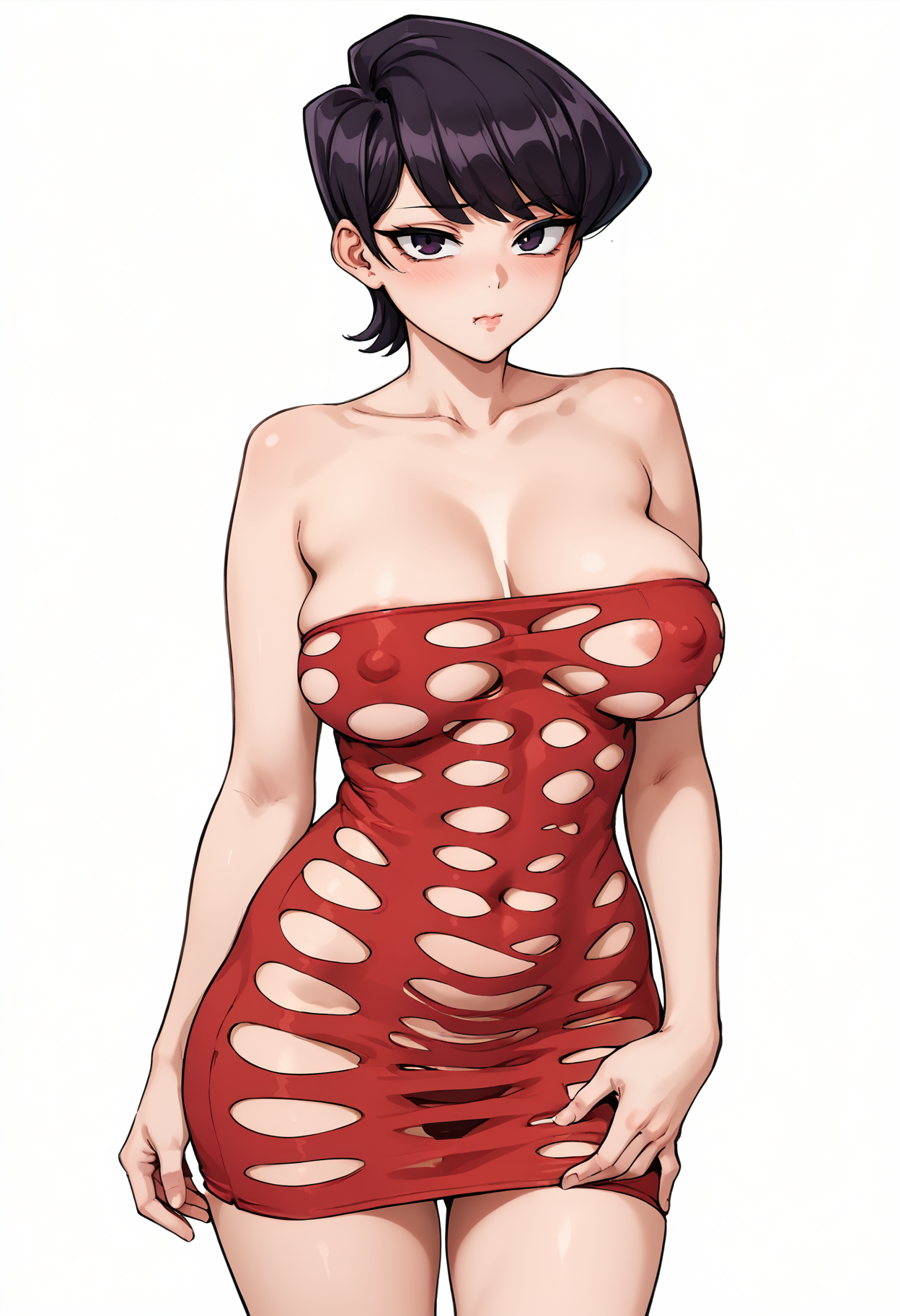 score_9, score_8_up, score_7_up,
1girl, solo,
standing,
looking at viewer, Dejected: Upturned nose downturned mouth indicating disappointment discouragement or hopelessness.,
komi shuuko, black hair, short hair,
curvy, wide hips, large breasts,
areola slip, covered nipples, 
Strapless_Pothole_Tube_Dress_SKNSFW,  short dress, strapless dress, red dress, 
white background, simple background,
 <lora:Strapless_Pothole_Tube_Dress_SKNSFW:0.6>  
<lora:Neromashin Style_FinalVersion:1>