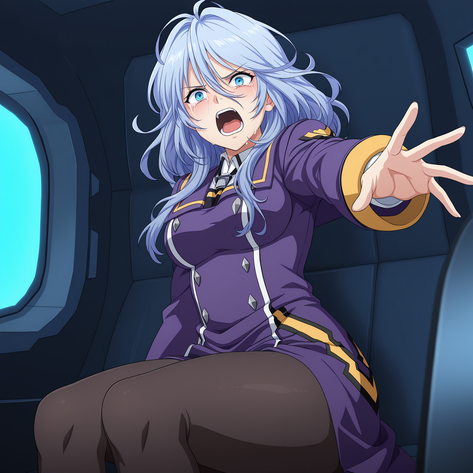 masterpiece, best quality, amazing quality, anime screencap, 1girl, solo, sitting, cowboy shot, outstretched arm, science fiction, spaceship interior, indoors, looking at viewer, screaming, angry, crying, <lora:shiony:0.9>, shiony regis, blue hair, blue eyes, purple military uniform, black pantyhose, medium breasts, thick thighs,