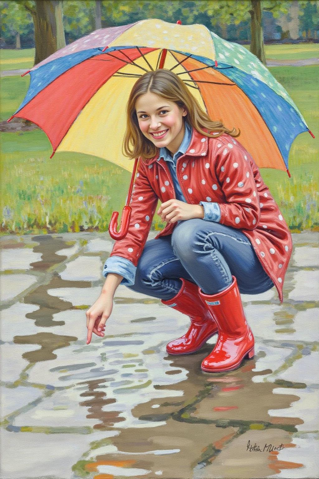 helenmcnicoll2 painting.
A watercolor painting captures a young woman, angled from slightly above and to the right, crouching low to the ground in a puddle. The young woman is wearing bright red rubber boots and a red jacket with white polka dots. The jacket sleeves are pushed up to reveal blue cuffs. The young woman also wears dark blue jeans and has a smile on her face as she extends her right index finger to touch the water in the puddle. Above the young woman is a large, open umbrella with rainbow-colored panels and a red handle. The ground is wet and paved with grey stones, reflecting the sky and umbrella. The background is slightly blurred, showing hints of green grass and trees. The lighting is overcast and diffused, typical of a rainy day. <lora:helenmcnicoll2_cap_d6a3:1.0><lora:839510607360423175:0>