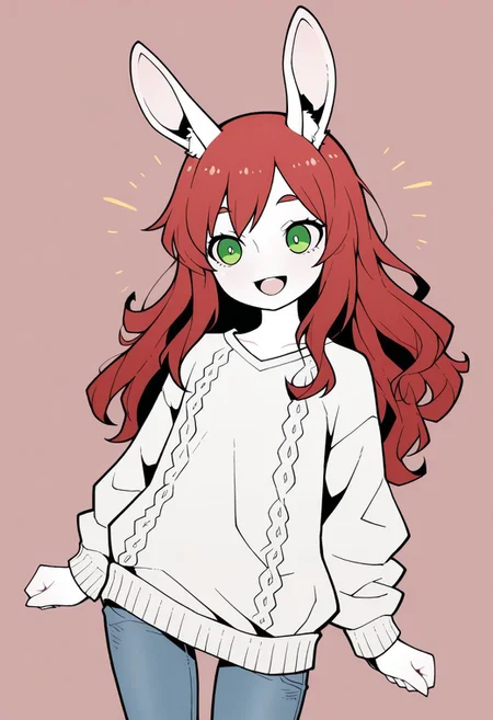 masterpiece,best quality,amazing quality, very aesthetic,rabbit girl,furry,red hair,white rabbit ear,solo,add detailed eyes,green eyes,dressed,happy,long hair,roll-up sweater,jeans,AkablStyle, flat_color,