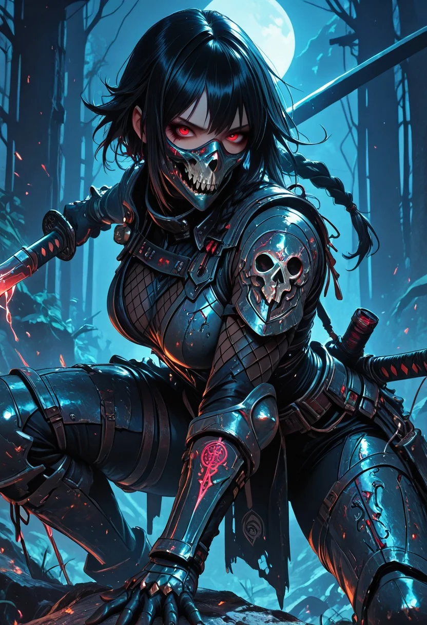 (masterpiece), (best quality), (8k), 1girl, cinematic lighting, dynamic action pose, highres, very detailed, amazing quality, masterpiece, fujimoto_tatsuki, fujimototatsuki(style),
very aesthetic, intense,
particle effect,
1girl, samurai, solo, braided hair, layered samurai armor, engraved, bodysuit, tight clothing, fishnets, sleeveless, futuristic armor, runic symbols etched in armor, armored legs, full mask, halfmask, katana, red eyes, skulls,
assassin theme, japan theme,
looking at viewer, tough pose, holding spear,
mountains,
at night, night, close up, closeup,
