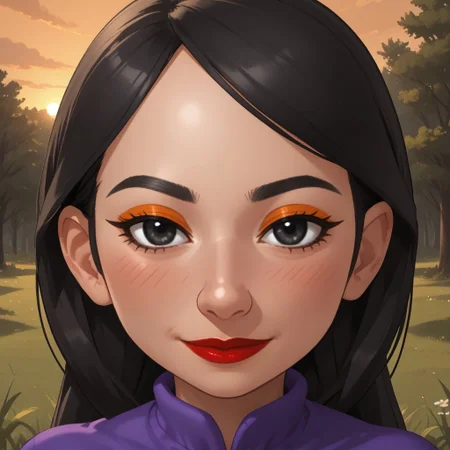score_9, score_8, BREAK, solo, wii, mii, wii sports, female mii, 1girl, cute, black hair, black eyes, makeup, blush, orange eyeshadow, red lips, lipstick, purple clothing, black pants, shoes, nintendo mii, modern_mii, classic_mii, breasts, Xin_(OC_Mii), sexy pose, smile, outdoors, sunlight, shadows, evening lighting, natural lighting, forest, trees, grass, orange sky, sunset
