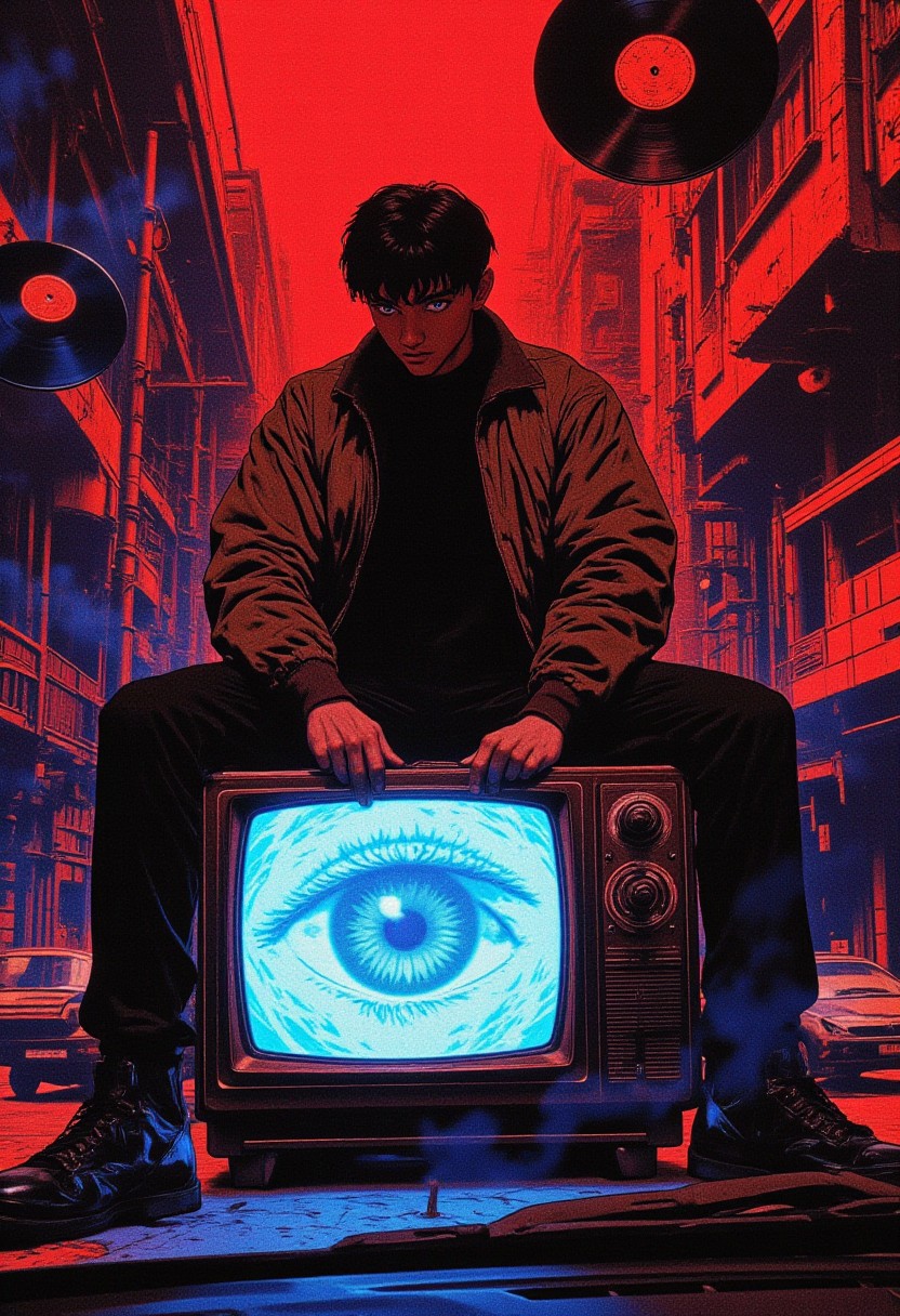 score_9, score_8_up, highly detailed, surreal digital collage featuring a vintage CRT television as the central focal point, with a person seated atop, wearing a brown jacket and black pants. The figure, with short dark hair, casually leans forward with one hand on the TV screen. The screen displays a large, blue, hypnotic eye with swirling patterns, creating an intriguing, mysterious depth. Surrounding the TV are retro elements like musical notes, a pair of sunglasses, a vinyl record, and a cassette tape, reinforcing a nostalgic, musical theme. The background is a dynamic collage of textures and images, including a red and blue gradient, abstract shapes, and a road view from a car windshield, creating a vibrant, eclectic atmosphere. The palette is bold, dominated by reds, blues, and browns, with artificial lighting casting a mix of bright highlights and darker shadows. The depth of field is high, keeping all elements in focus with a layered, immersive feel. The composition uses rule of thirds and leading lines to guide the viewer's eye through the scene. This image blends retro and modern aesthetics with a playful yet chaotic vibe, embodying a high subjective aesthetic quality, capturing both vibrant energy and mystery in a sophisticated visual arrangement."