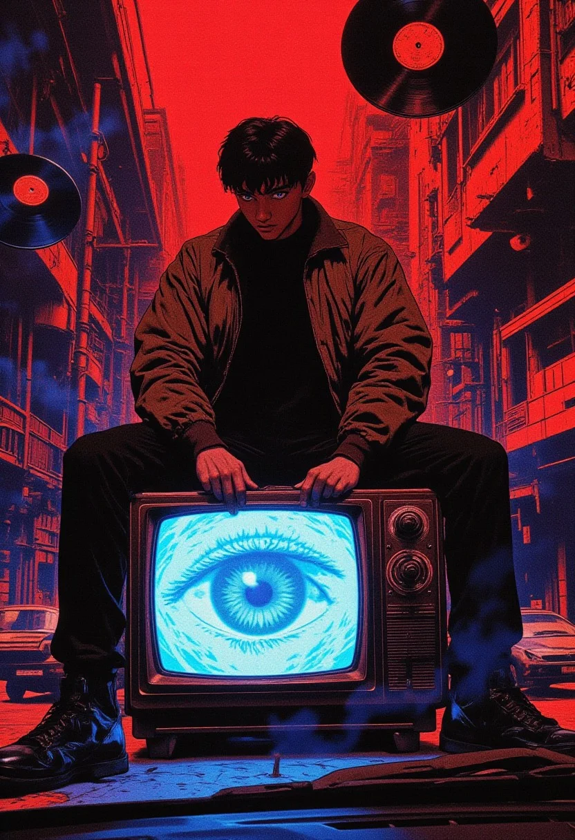 score_9, score_8_up, highly detailed, surreal digital collage featuring a vintage CRT television as the central focal point, with a person seated atop, wearing a brown jacket and black pants. The figure, with short dark hair, casually leans forward with one hand on the TV screen. The screen displays a large, blue, hypnotic eye with swirling patterns, creating an intriguing, mysterious depth. Surrounding the TV are retro elements like musical notes, a pair of sunglasses, a vinyl record, and a cassette tape, reinforcing a nostalgic, musical theme. The background is a dynamic collage of textures and images, including a red and blue gradient, abstract shapes, and a road view from a car windshield, creating a vibrant, eclectic atmosphere. The palette is bold, dominated by reds, blues, and browns, with artificial lighting casting a mix of bright highlights and darker shadows. The depth of field is high, keeping all elements in focus with a layered, immersive feel. The composition uses rule of thirds and leading lines to guide the viewer's eye through the scene. This image blends retro and modern aesthetics with a playful yet chaotic vibe, embodying a high subjective aesthetic quality, capturing both vibrant energy and mystery in a sophisticated visual arrangement."