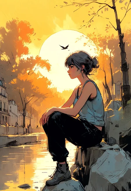 HAND CRAFTED PERFECTION. ([[[Special Ink-drawing mode]]]). clean simplicity. elusive. (((close frontal view))). A sad, (((beautiful girl))) is sitting on a stone wall, wearing a extremely short, tight tank top and baggy pants. [cyberpunk].
The scene is in Paris at the Seine river. Big trees line the riverbank. a pretty bird has landed on her hand. 
The setting sun bathes the scenery in a warm, reddish evening light.