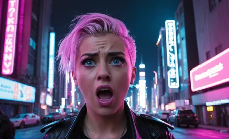 <lora:cwhyberponk1:1>,cwhyberponk1,r0k@p@nk,cwhyberponk0,cwhyberponk,str33tv13w,, scenery, city, cityscape, science fiction, city lights, street, neon lights, realistic, cyberpunk, dark,, Fear theme, fear, scared, raised eyebrows, clenched teeth, grimace, perspiration,tremble, black, (gray:0.6), (pale blue:0.3), (wide-eyed:1.1),