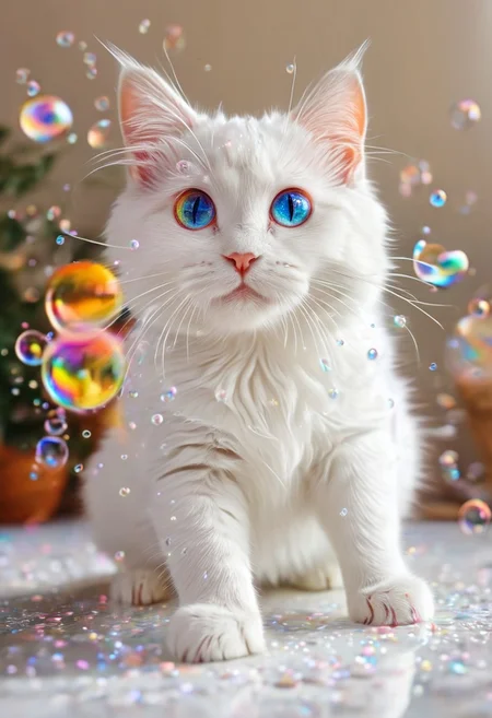 close up shot, fuzzy cute white cat playing with bubbles, paw pads, rainbow eyes, uplifting atmosphere with glistening bubbles