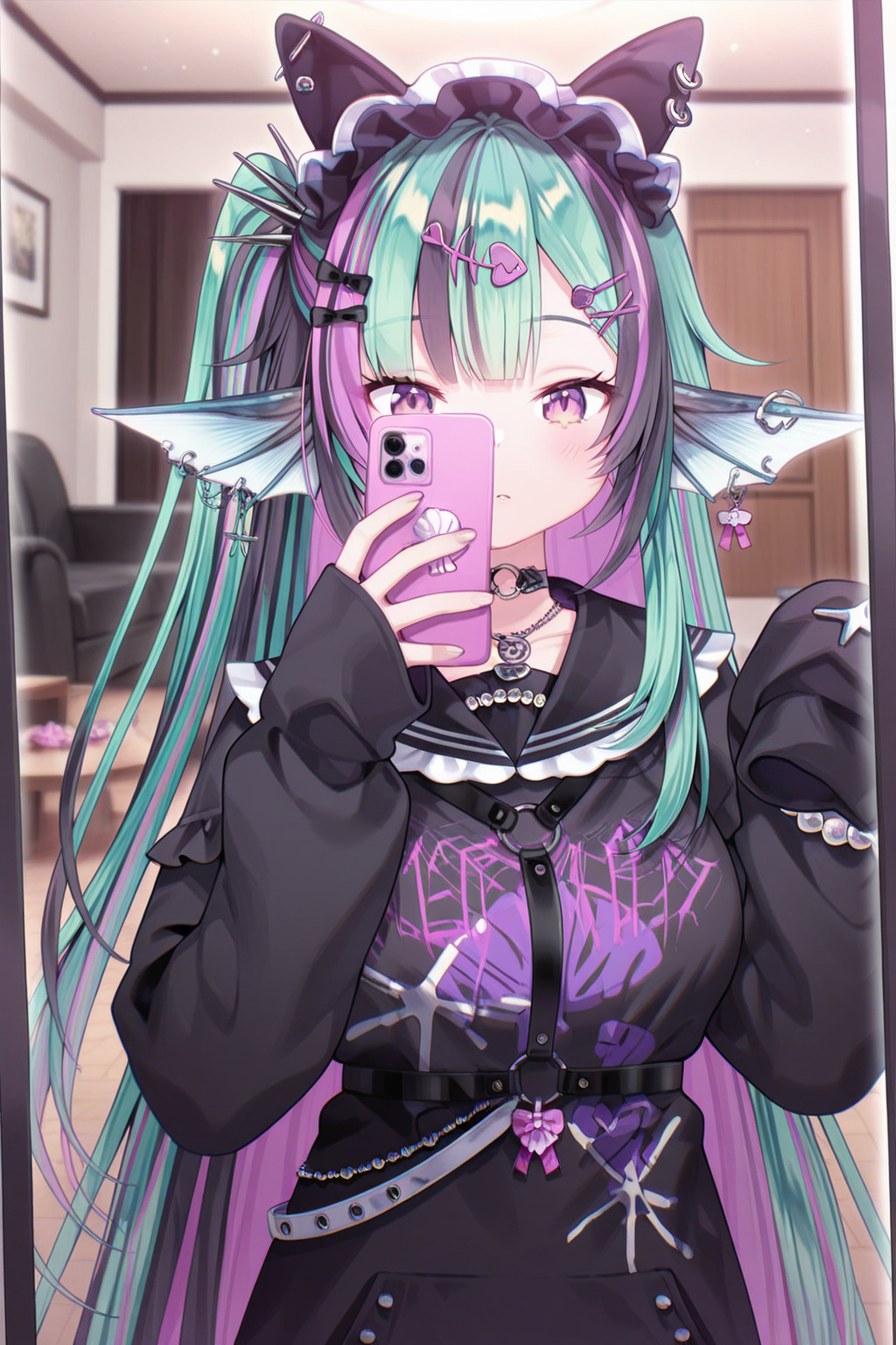 1girl, FinanaRyuguNijisanji, 
general, solo, upper body,
jirai kei, 
hair bow, shell hair ornament, piercing,
hairband, 
fish hair ornament, heart o-ring,
hairclip, x hair ornament,
earrings, 
tattoo, o-ring choker, necklace,
black sailor collar,
long sleeves, sleeves past fingers, bracelet, 
black dress, large breasts, chest harness, black belt, seashell,
jewelry, 
selfie, holding, (smartphone),
indoors, living room,
<lora:kp_FinanaRyuguNijisanji4thCostumeIllustrious_v1_0:1.0>,
masterpiece, best quality, amazing quality