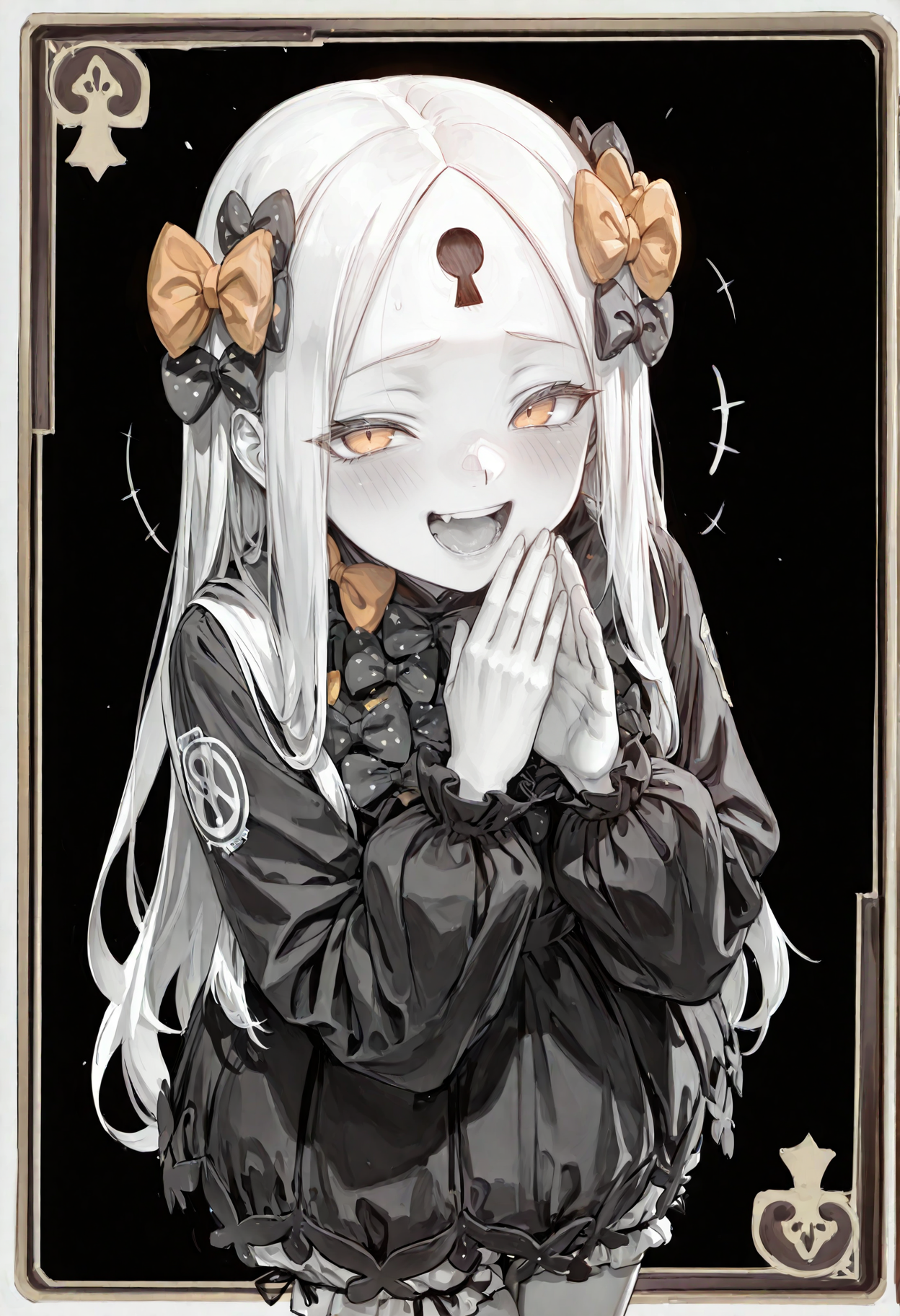 masterpiece, best quality, amazing quality, very aesthetic, absurdres, highres, newest, (card \(medium\):1.7), (line art, monochrome, sketch drawing:1.2),  smewed, side-view, high angle, cowboy shot, 1girl, adult, tall, blonde hair, long hair, perfect detailed blue eyes, perfect detailed eyelashes, perfect shiny skin, forehead, sidelocks, (keyhole on forehead, forehead mark), parted bangs, hair bow, polka dot bow, orange bow, black dress, long sleeves, bloomers, laughing, happy, looking at viewer, black background, <lora:smewedILLUS:0.6>, <lora:cfg_scale_boost:1> ,  <lora:Abby_Illus:1>
