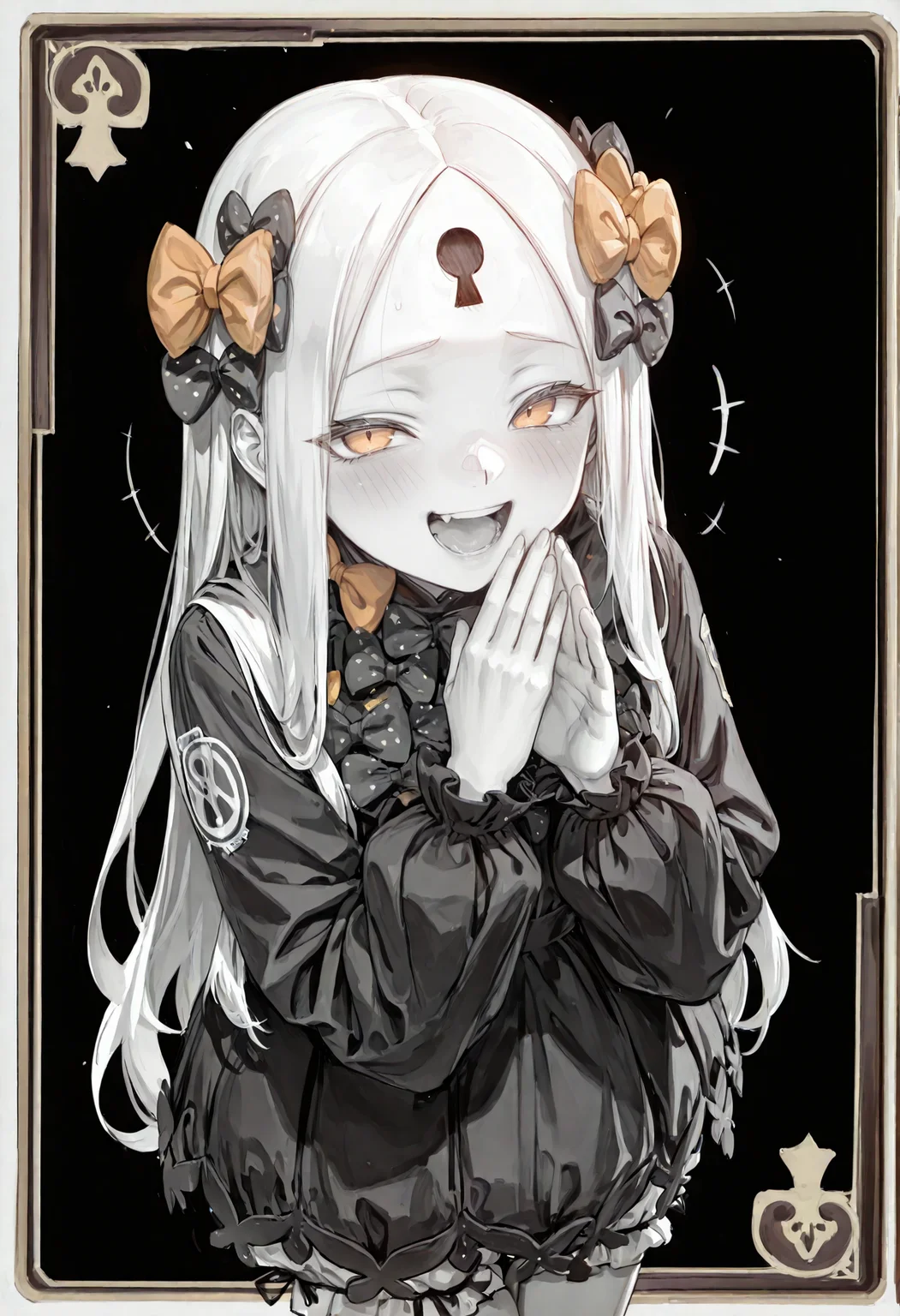 masterpiece, best quality, amazing quality, very aesthetic, absurdres, highres, newest, (card \(medium\):1.7), (line art, monochrome, sketch drawing:1.2), smewed, side-view, high angle, cowboy shot, 1girl, adult, tall, blonde hair, long hair, perfect detailed blue eyes, perfect detailed eyelashes, perfect shiny skin, forehead, sidelocks, (keyhole on forehead, forehead mark), parted bangs, hair bow, polka dot bow, orange bow, black dress, long sleeves, bloomers, laughing, happy, looking at viewer, black background, <lora:smewedILLUS:0.6>, <lora:cfg_scale_boost:1> , <lora:Abby_Illus:1>