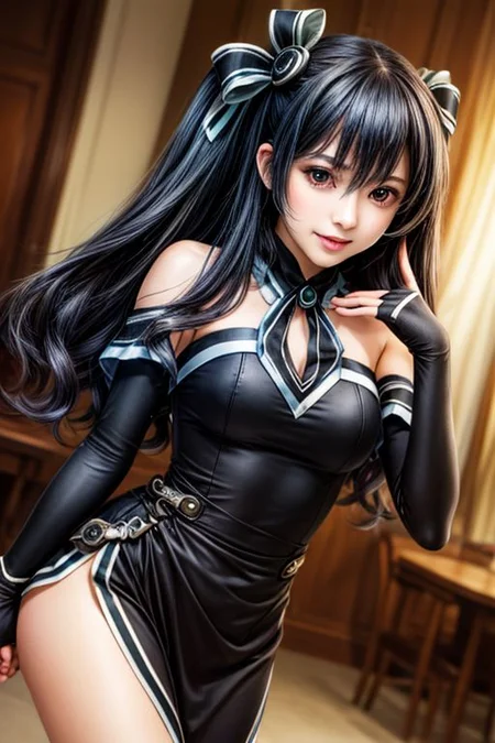 score_9, score_8_up, score_7_up, score_6_up, score_5, score_4, masterpiece, best quality, high resolution, highly detailed, perfect lighting, 1girl, solo,uni, 1girl, solo, red eyes, black hair, long hair, two side up, hair between eyes, hair ribbon, black dress, sleeveless dress, ribbon, bare shoulders, black gloves, elbow gloves, fingerless gloves