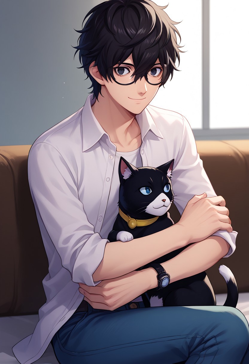 score_9, score_7_up, source_anime 
renpers, 1boy, male focus, solo, black eyes, black hair, hair between eyes, glasses, short hair, shirt, white shirt, collared shirt, sleeves rolled up, open shirt, open clothes, black shirt, t-shirt, wristwatch, jeans, morgana (cat), black cat, cat, animal, smile, hug animal,
indoor, sit,