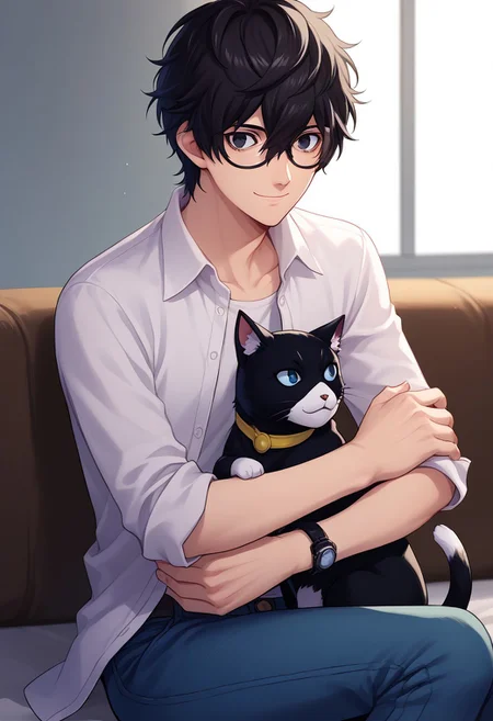 score_9, score_7_up, source_anime
renpers, 1boy, male focus, solo, black eyes, black hair, hair between eyes, glasses, short hair, shirt, white shirt, collared shirt, sleeves rolled up, open shirt, open clothes, black shirt, t-shirt, wristwatch, jeans, morgana (cat), black cat, cat, animal, smile, hug animal,
indoor, sit,