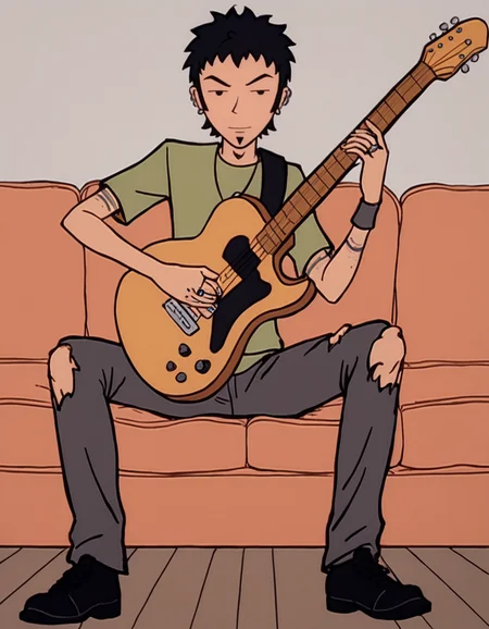 score_9, score_8_up, score_7_up, highly detailed, solo
BREAK <lora:Trent_Lane_Daria_-_Pony-000013:1>, trentlane, male, black hair, black eyes, goatee, multiple earrings, green shirt, necklace, single wristband, multiple rings, black pants, torn pants, black shoes, upper body, indoors, on couch, looking at viewer, playing guitar