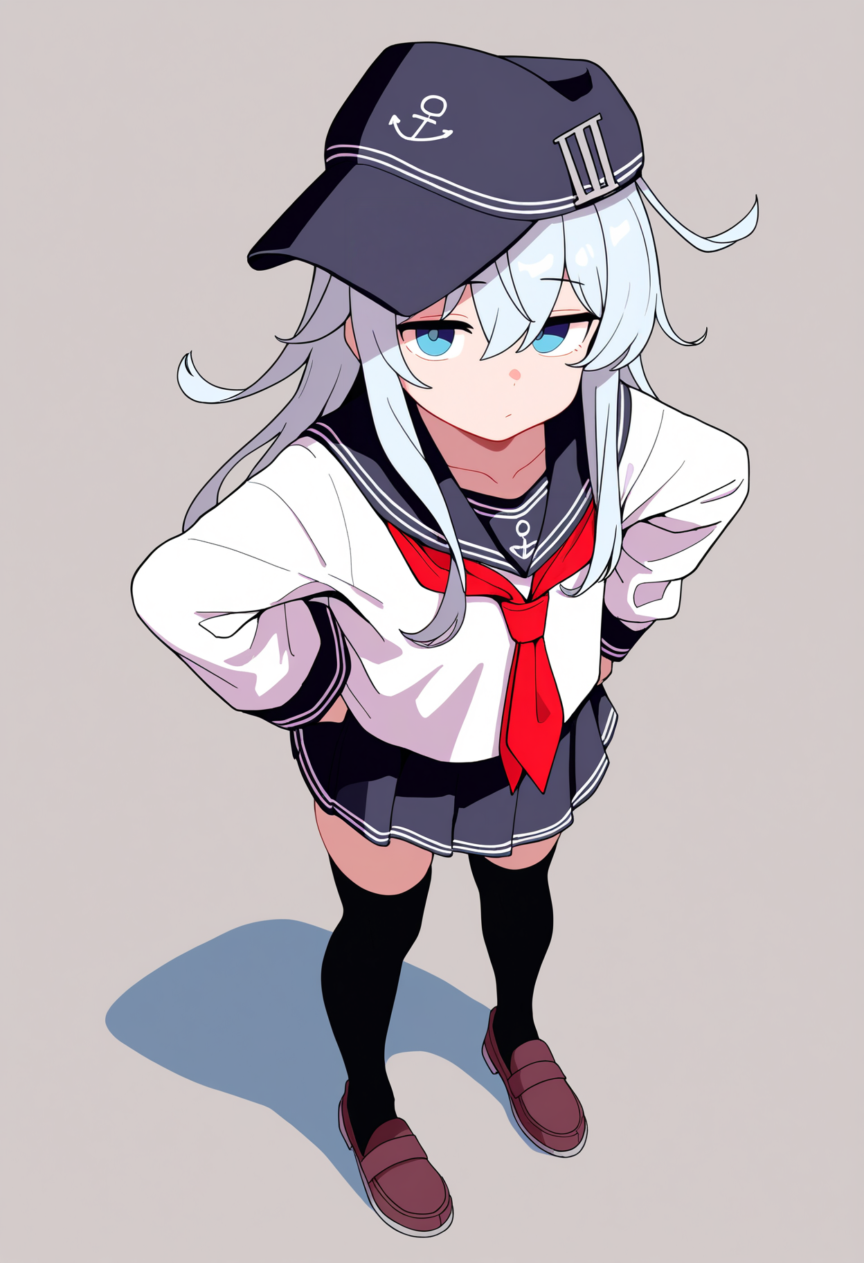 best quality, amazing quality, very aesthetic, absurdres,
1girl, hibiki \(kancolle\), grey hair, long hair, hair between eyes, blue eyes, anchor symbol, flat cap,
black sailor collar, black skirt, long sleeves, neckerchief, pleated skirt, school uniform, serafuku, black thighhighs, loafers,
full body, standing, hands on hips, 
looking at viewer, solo, simple background, white background,   <lora:HibikiNoobXL_byKonan:1>