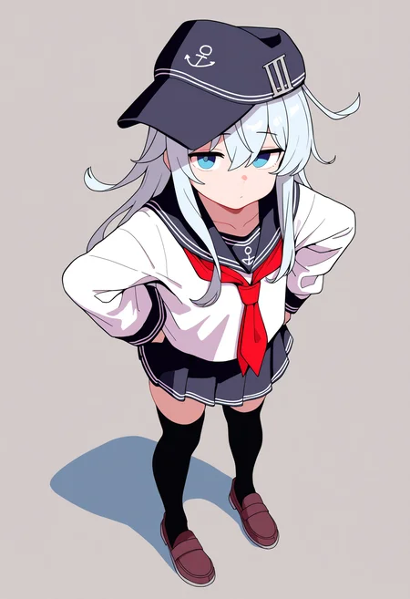best quality, amazing quality, very aesthetic, absurdres,
1girl, hibiki \(kancolle\), grey hair, long hair, hair between eyes, blue eyes, anchor symbol, flat cap,
black sailor collar, black skirt, long sleeves, neckerchief, pleated skirt, school uniform, serafuku, black thighhighs, loafers,
full body, standing, hands on hips,
looking at viewer, solo, simple background, white background, <lora:HibikiNoobXL_byKonan:1>