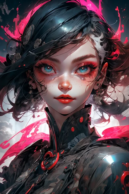close-up shot, woman, gothic make-up, detailed skin, light freckles, shallow depth of field, OverallDetail
<lora:more_details:0.4>
 <lora:Cosmic anime-oil fusion v2:0.45> 
<lora:AnimeVibesV3:0.3> animevibes, 
<lora:3DMM_V11:0.5> 3DMM 
<lora:midjourney_20230624181825:0.7> midjourney ,
 <lora:LAS:0.5> cloud,colorful,
<lora:msw_locon-t2:0.6>
 <lora:wuxia2:0.6> gu,
 <lora:CyberpunkStyleV1:0.2> PunkAI ,
<lora:CatgirlMaidV1.0-000003:0.35> CatgirlMaid, shiny, shiny hair, shiny skin, shiny clothes