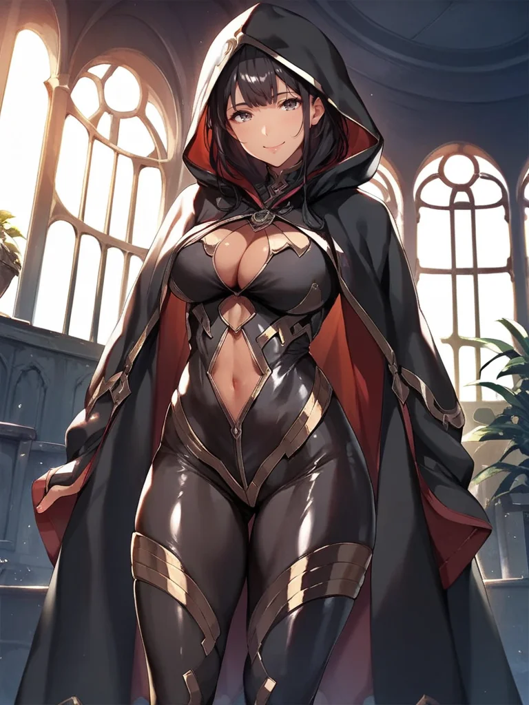 score_9,score_8_up,score_7_up,source_anime,smile,1girl,<lora:sorcerer:1>,sorcerer,black hair,dark skin,indoors,hood,clothing cutout,thighs,bodysuit,