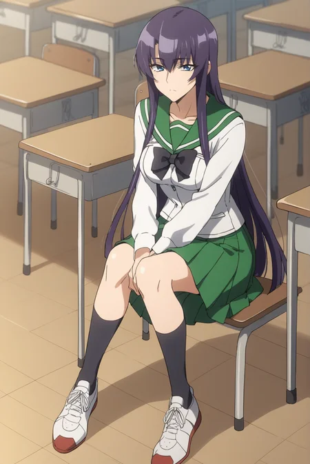 score_9, score_8_up, score_7_up, score_6_up, score_5_up, score_4_up, BREAK source_anime, 1girl, solo,
<lora:SaekoBusujimaXL-v2-06:0.7>, ChopioSaekoBusujima, purple hair, very long hair, shiny hair, blue eyes, looking at viewer,
medium breasts, mature female,
straight hair, side locks,
outfit_1, serafuku, green sailor collar, black bowtie, white shirt, long sleeves, green skirt, pleated skirt, black socks,
classroom, desk, sitting, v arms, full body, sneakers,