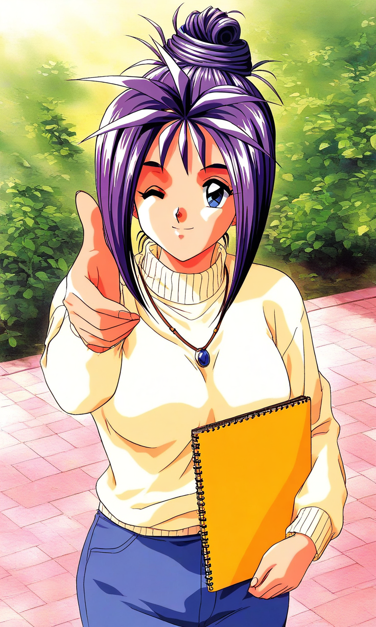 general,highres, ultra-detailed,very aesthetic,best quality ,best hands, BREAK <lora:Katagiri_Ayako_Tokimeki_Memorial_IS:1>
Katagiri_Ayako(Tokimeki_Memorial), 1girl, solo, blue eyes, purple hair, single hair bun, short hair, bangs, large breasts,
1990s (style), one eye closed, sweater, sketchbook, holding, necklace, smile, long sleeves, jewelry, looking at viewer, notebook, cowboy shot, pants, long hair, updo, outdoors