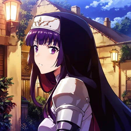 score_9, score_8_up, score_7_up,  <lora:k4m0r1:1> k4m0r1,1girl,purple bodysuit,habit,purple eyes, portrait,source_anime,     <lora:MeMaXL_V3:1> outdoors, detailed, night, clouds