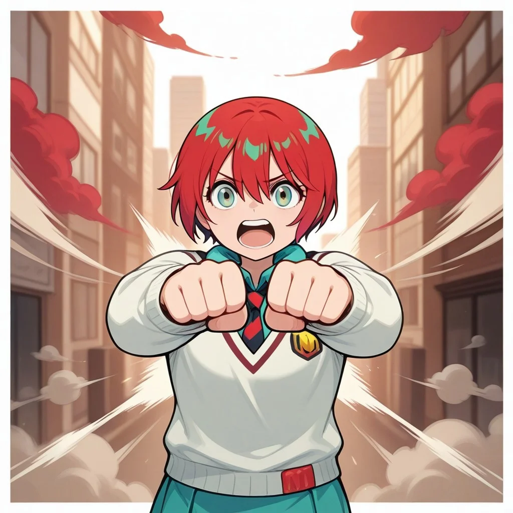 choukyuuhaoudeiedan, spinning, 1girl, solo, head only, open mouth, angry, shouting, dust, red smoke, city background,
gundam_gquuuuuux_amate_yuzuriha, red hair, short hair, hair between eyes, green eyes, school uniform,
doublepunch,standing,cowboy shot,clenched hands,punching